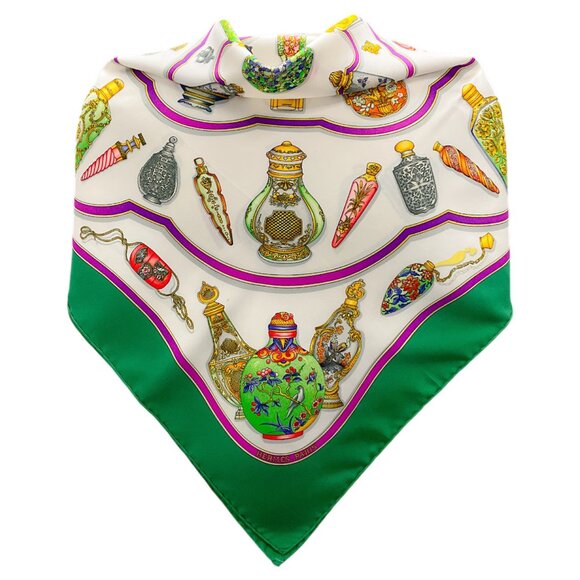 Hermes Green Multi Qu'Importe Le Flacon Print Square Silk Twill Scarf - Picture 3 of 11